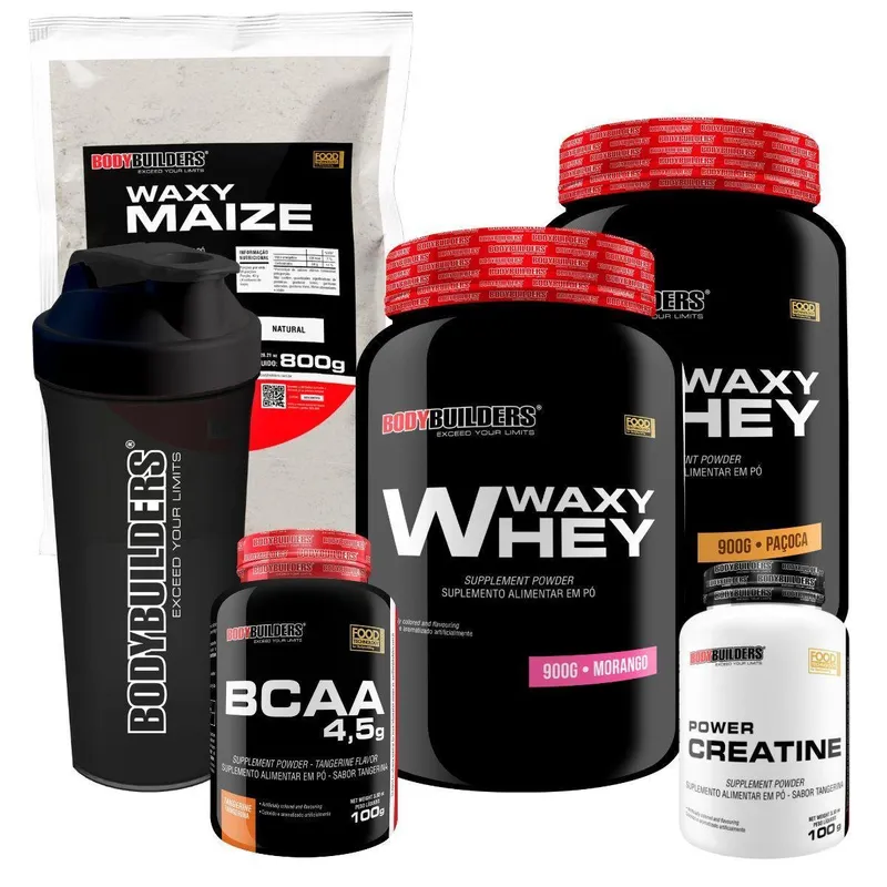 Kit 2x Whey Waxy Whey 900g+ BCAA 100g+ Creatina 100g+ Waxy Maize 800g+ Coq- Bodybuilders