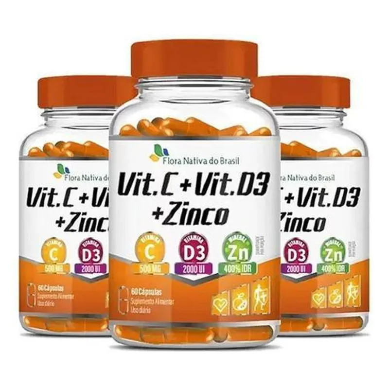 3x Vitamina C + Vitamina D3 + Zinco 60 Capsulas Flora Nativa