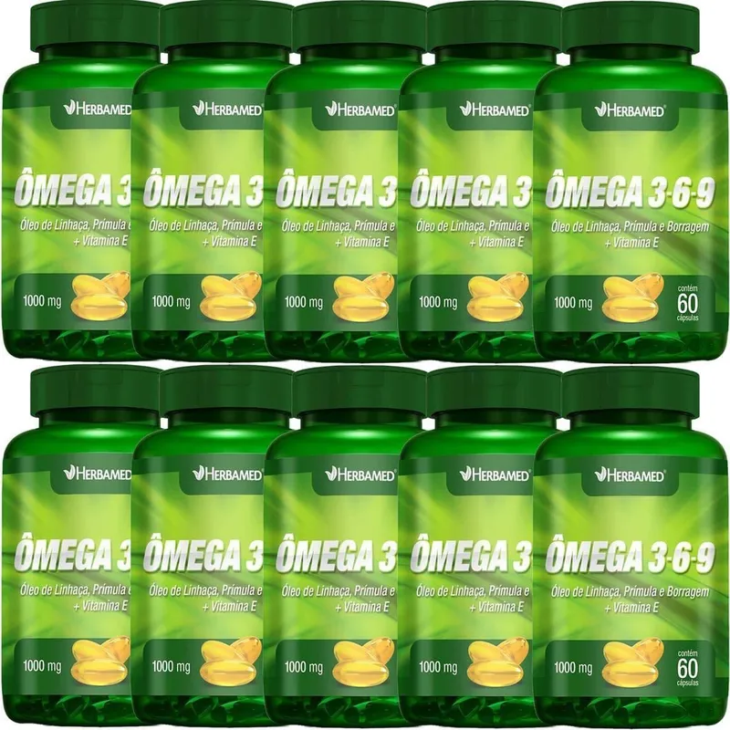 Kit 10X Ômega 3, 6 e 9 Linhaça, Prímula E Borragem + Vitamina E - 60 Cápsulas - Herbamed
