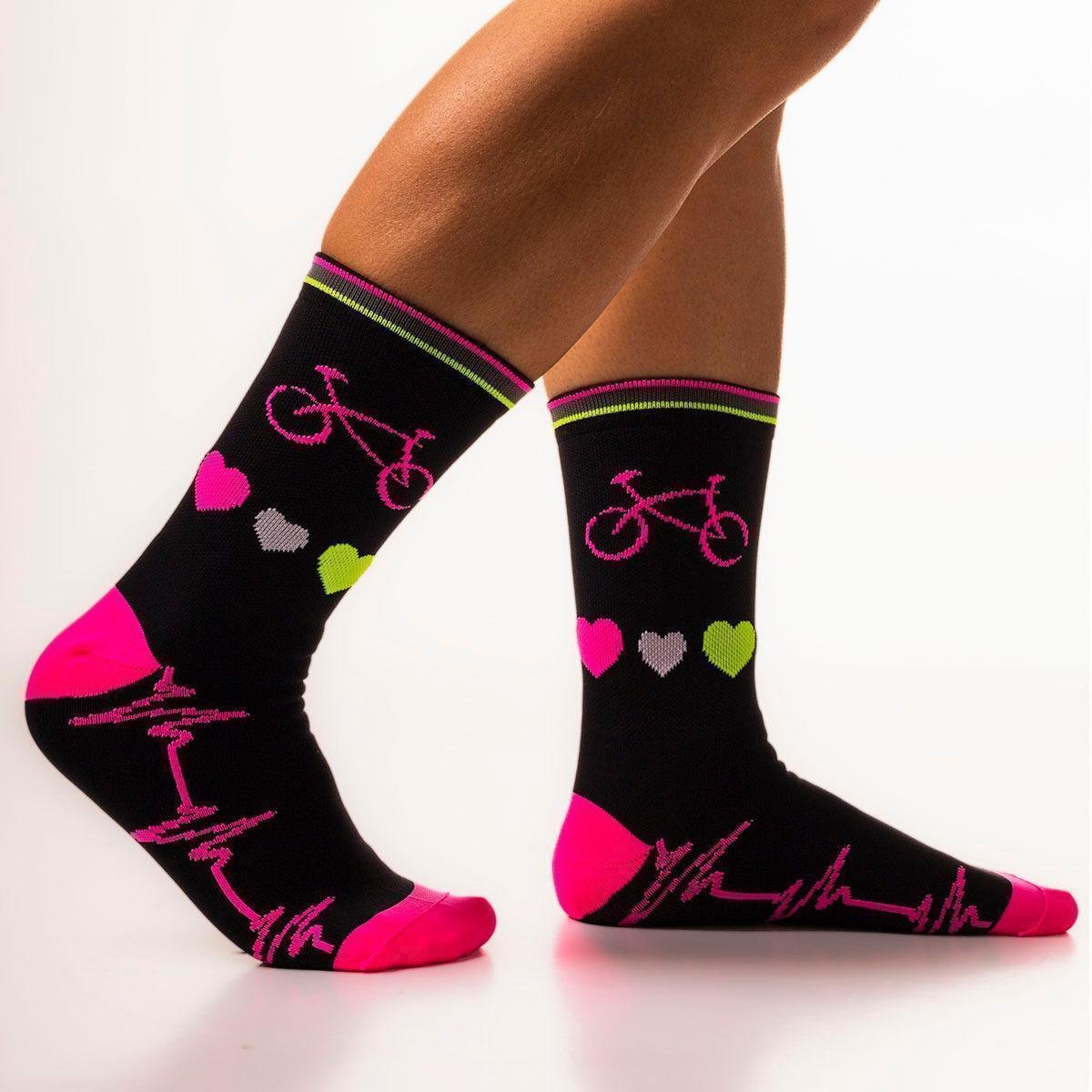 Meia De Ciclismo Cano Longo Bike Coração Rosa