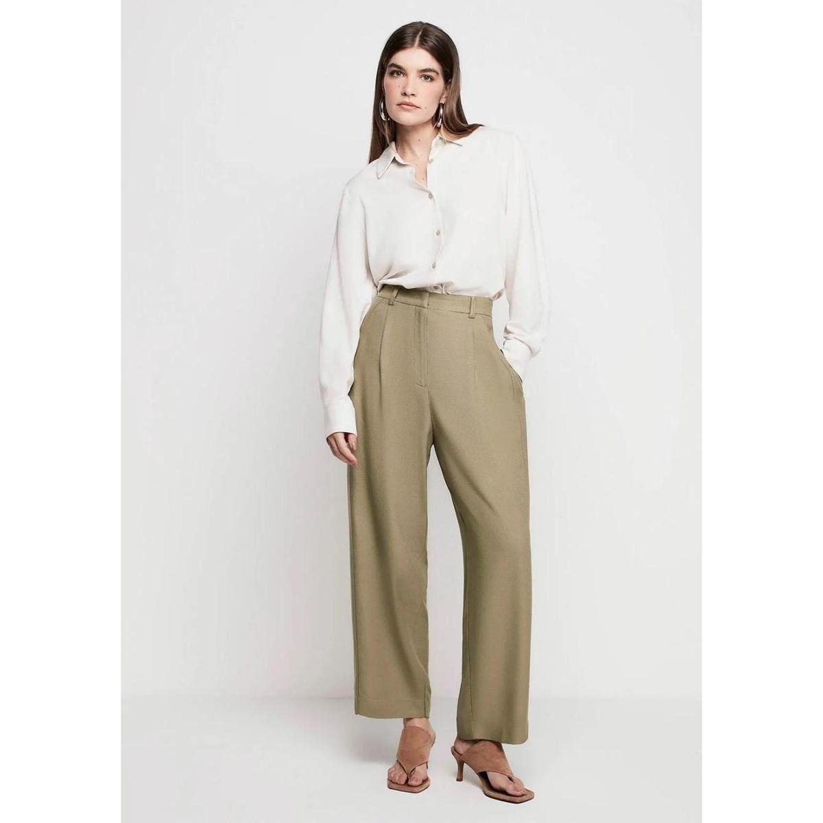 Calça Reta Cropped Dzarm Cintura Alta Em Crepe
