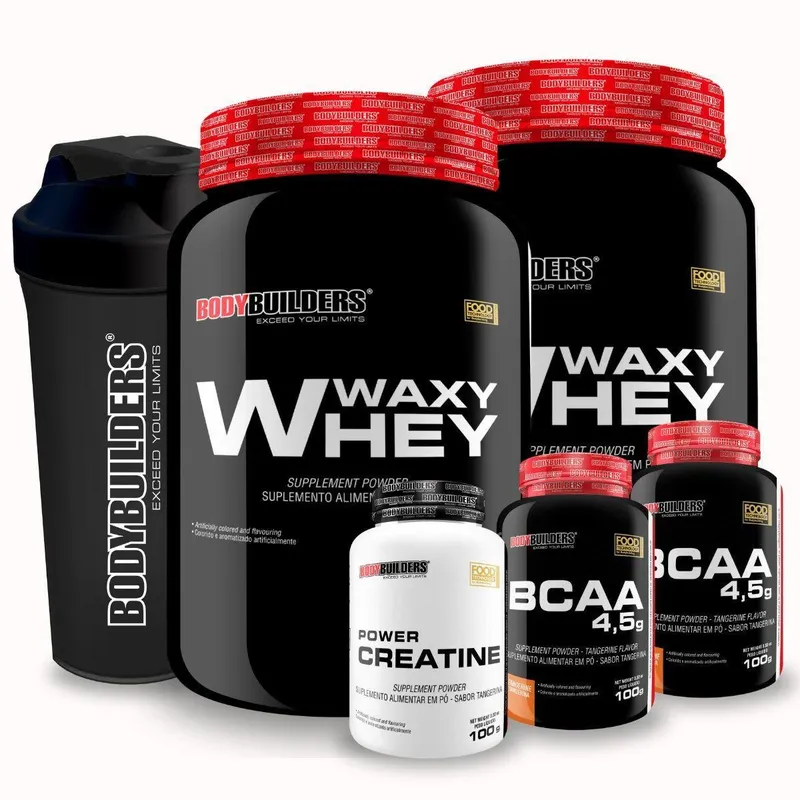 Kit 2x Whey Waxy Whey 900g + 2x BCAA 4,5 100g + Creatina 100g + Coqueteleira - Bodybuilders
