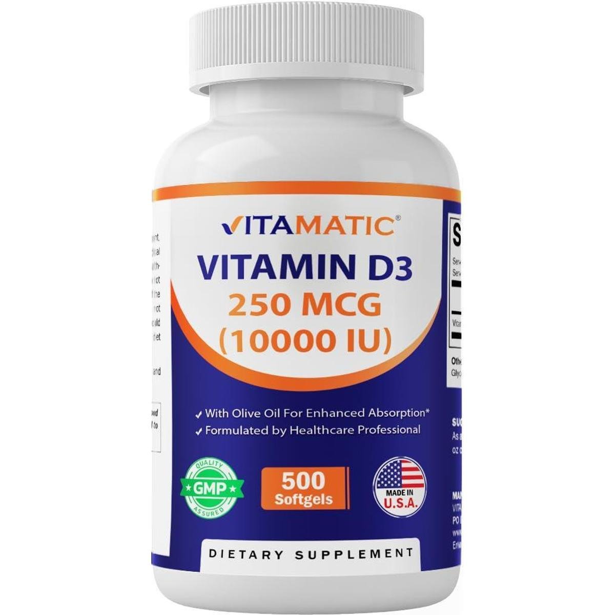 Suplemento vitamínico de vitamina D3 10000 UI (250 mcg) 500 cápsulas gelatinosas