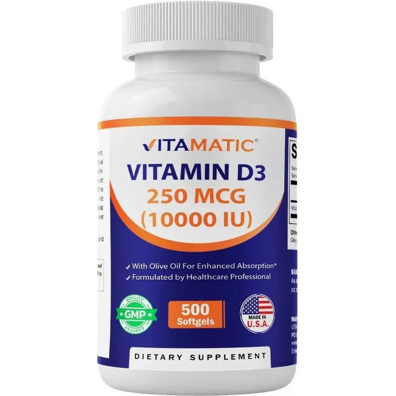 Suplemento vitamínico de vitamina D3 10000 UI (250 mcg) 500 cápsulas gelatinosas