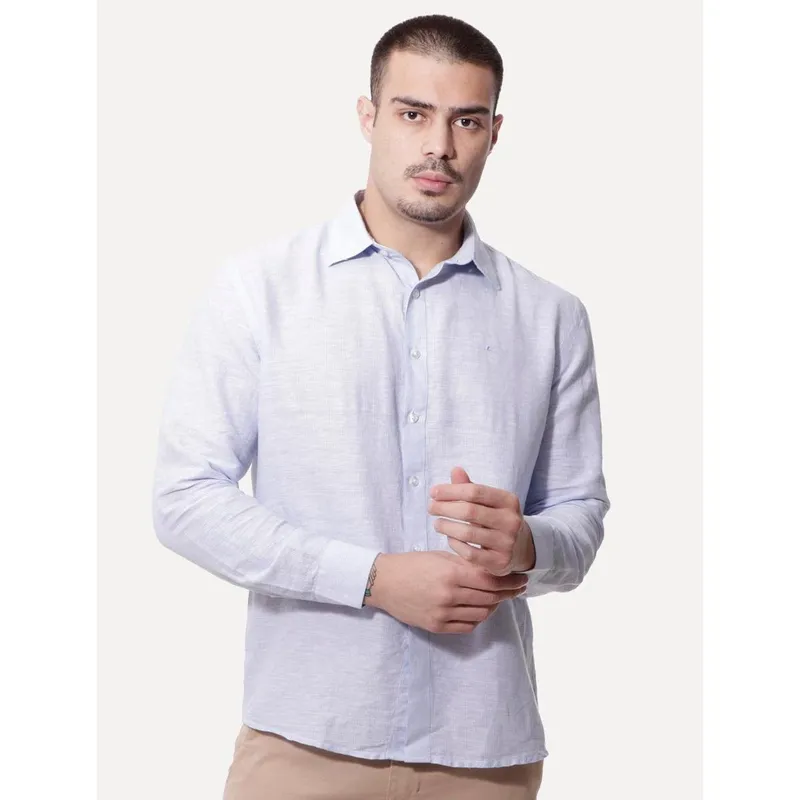 Camisa Ellus Masculina Linen Lighthouse Stripe Italian Classic Azul Claro