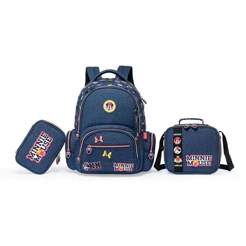 Kit Mochila Lancheira Estojo Jeans Minnie Infantil Escolar Rodinha Disney Feminina