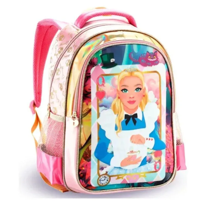Mochila Costas Alice Baralho Infantil Escolar Creche Rosa Denlex