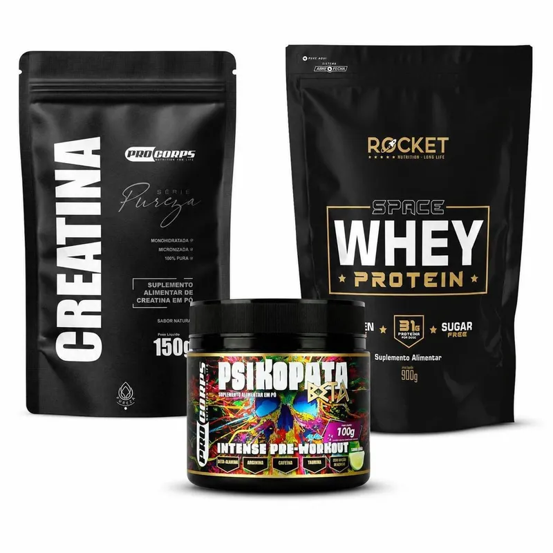 Kit Whey Creatina Pura Pré Treino Ganho De Massa