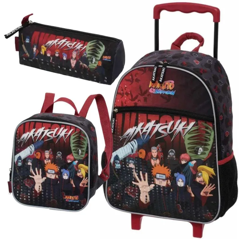 Kit Mochila Rodinhas Infantil Lancheira Estojo Naruto Akatsuki Rising Pacific