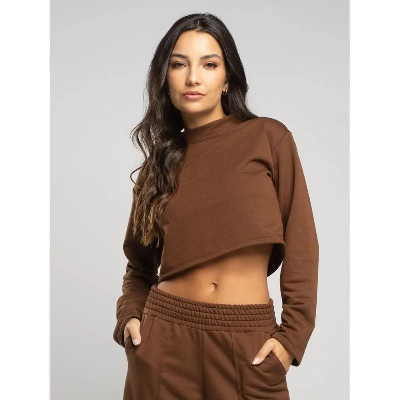 Casaco Cropped Manga Longa Moletinho Feminino Moda Casual