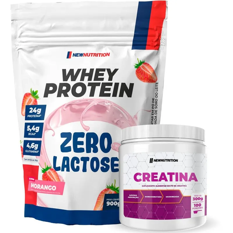 Combo Suplementos Whey Protein Zero Lactose 900g Morango + Creatina Monohidratada 300g NewNutrition