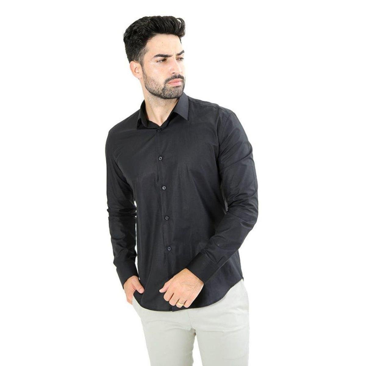 Camisa Masculina Ixória Super Slim Fit Manga Longa Preta