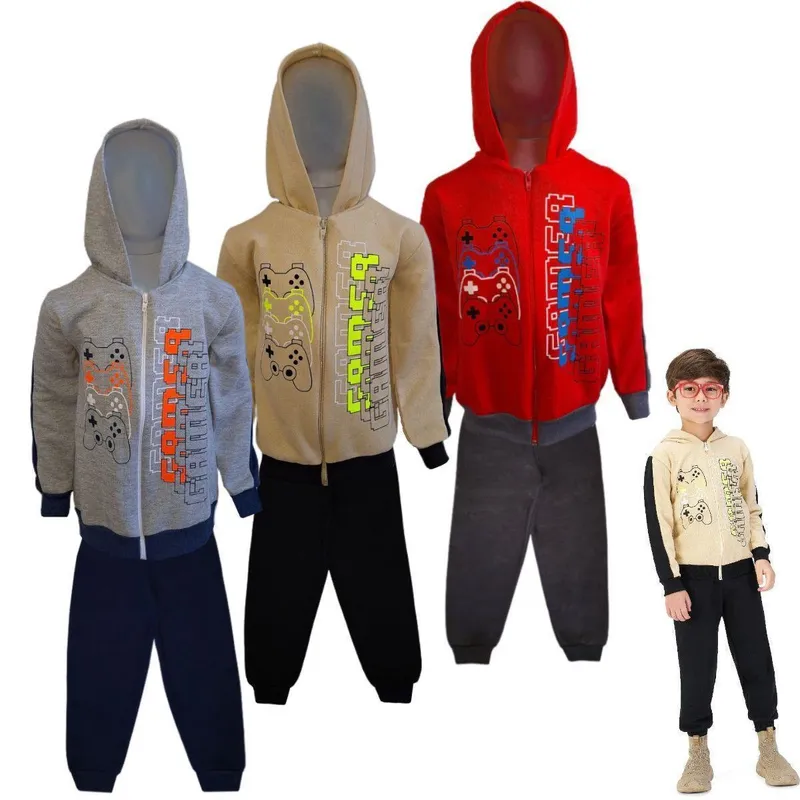 Conjunto Moletom Infantil Masculino Blusa Calça Flanelado Capuz Ziper Roupa Agasalho menino inverno