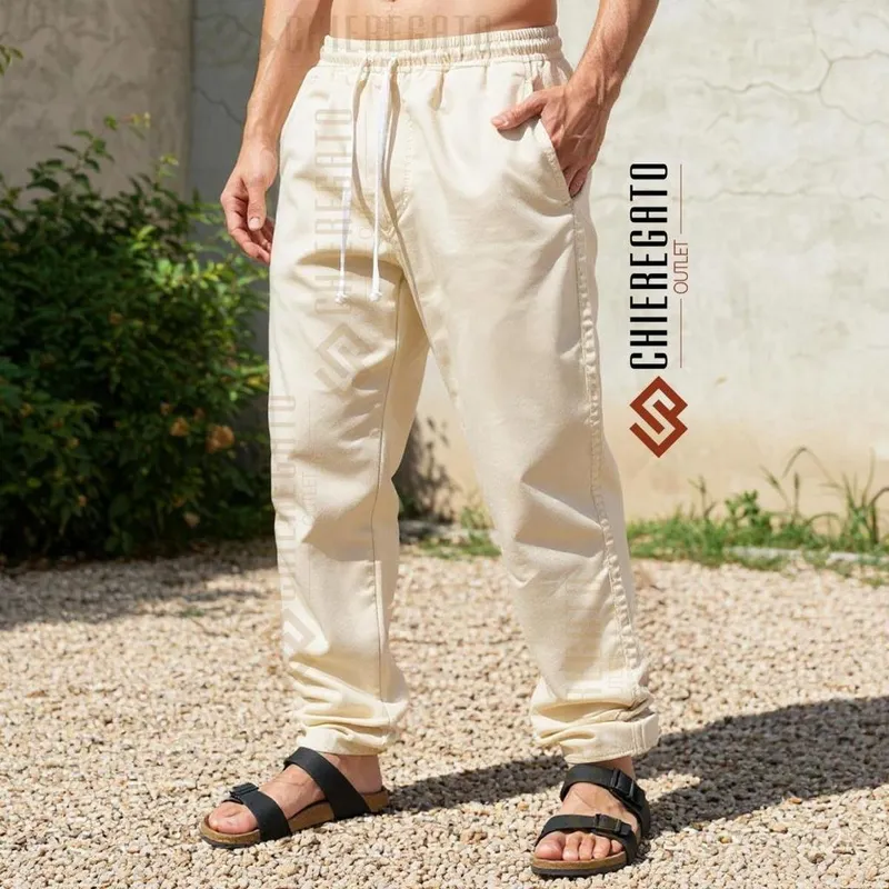 Calça Baggy Masculina Bege Alfaiataria Linho Casual Reta