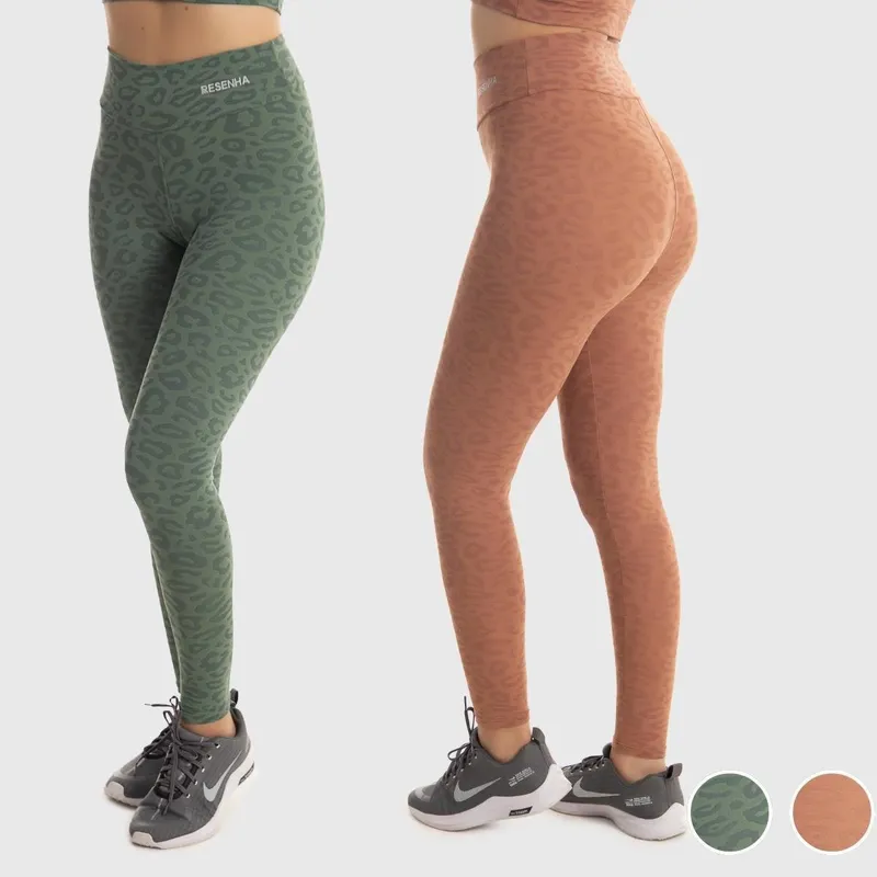 Kit 2 Leggings Jacquard Animal Print Resenha Sport Cós Alto Fitness