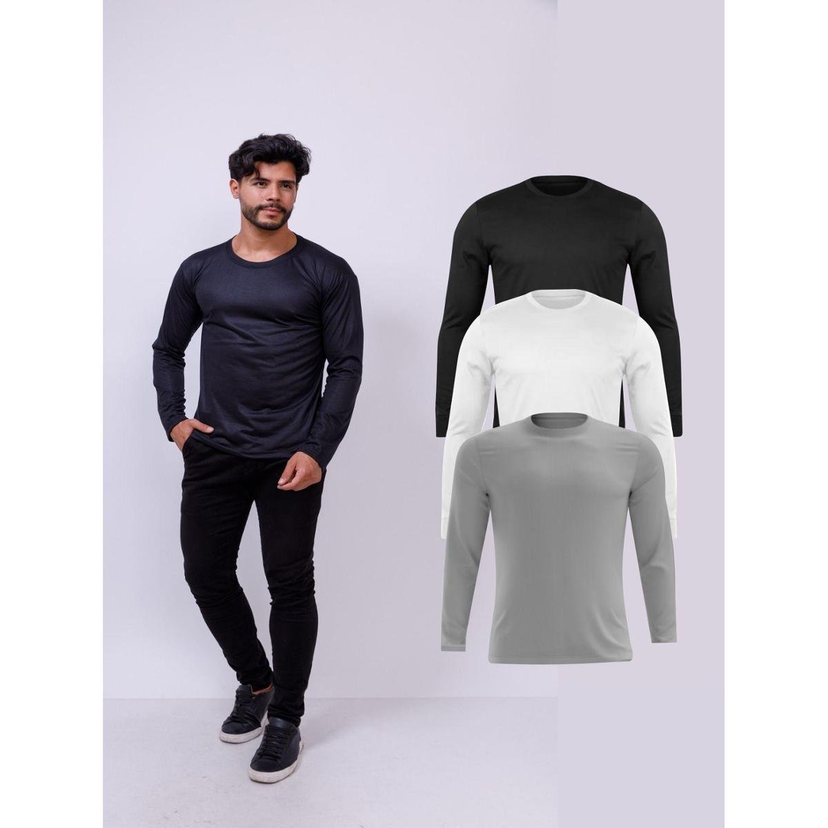 Kit Com 3 Camisetas Poliéster Manga Longa