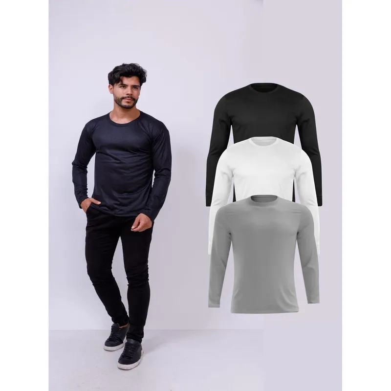 Kit Com 3 Camisetas Poliéster Manga Longa