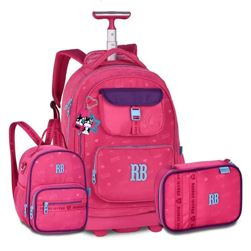 Mochila Rodinhas Feminina com Lancheira e Estojo Kit Escolar