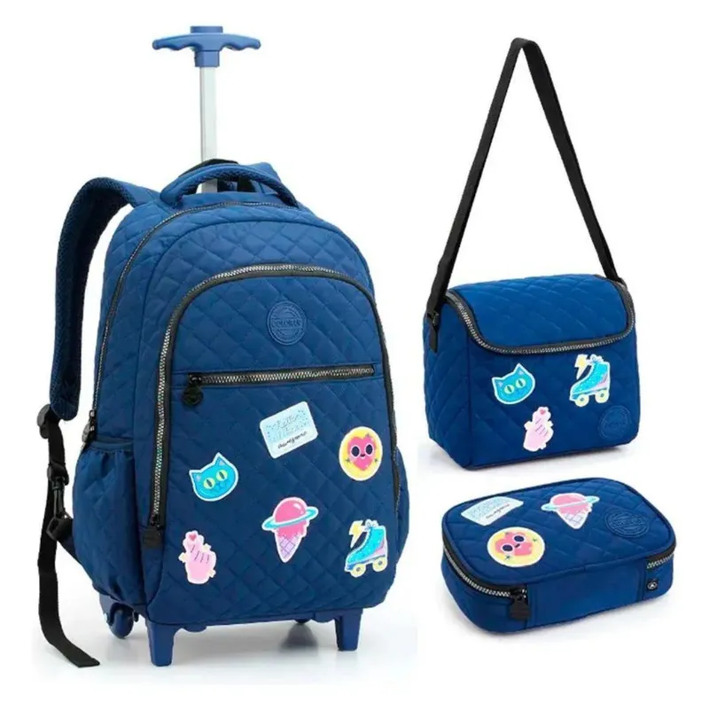 Kit Mochila Rodinha Lancheira Estojo Box Awesome Colorup Azul Seanite