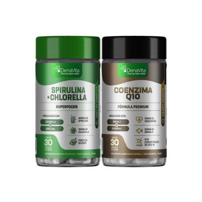 Kit NutriBoost Coenzima Q10, Ômega 3, Vitamina E, TCM e Spirulina Com Chlorela 2x1 Vegano, Denavita