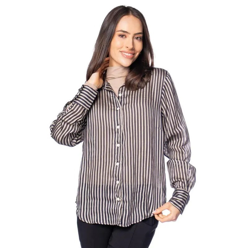 Camisa Feminina Milani Listrada com Transparência Marinho
