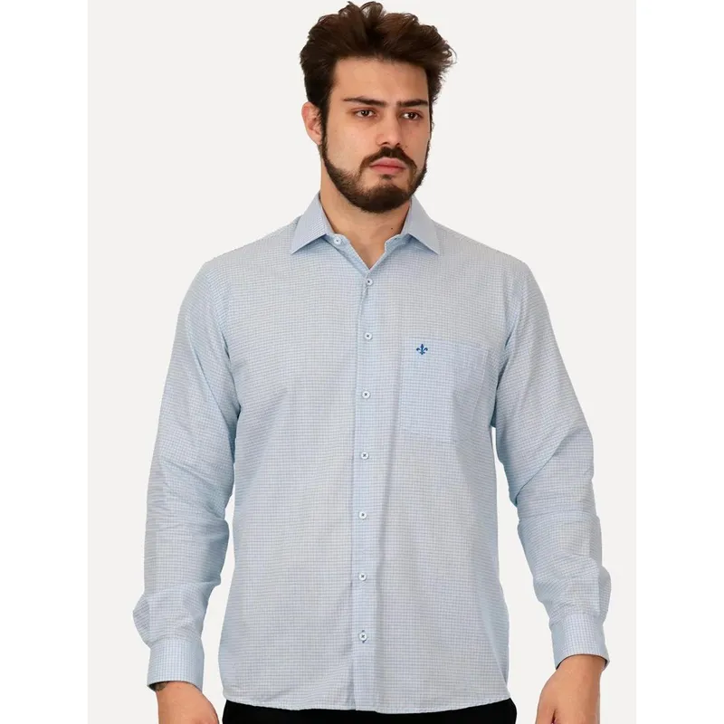 Camisa Dudalina Masculina Comfort Superfine Cotton Pocket Xadrez Azul Claro