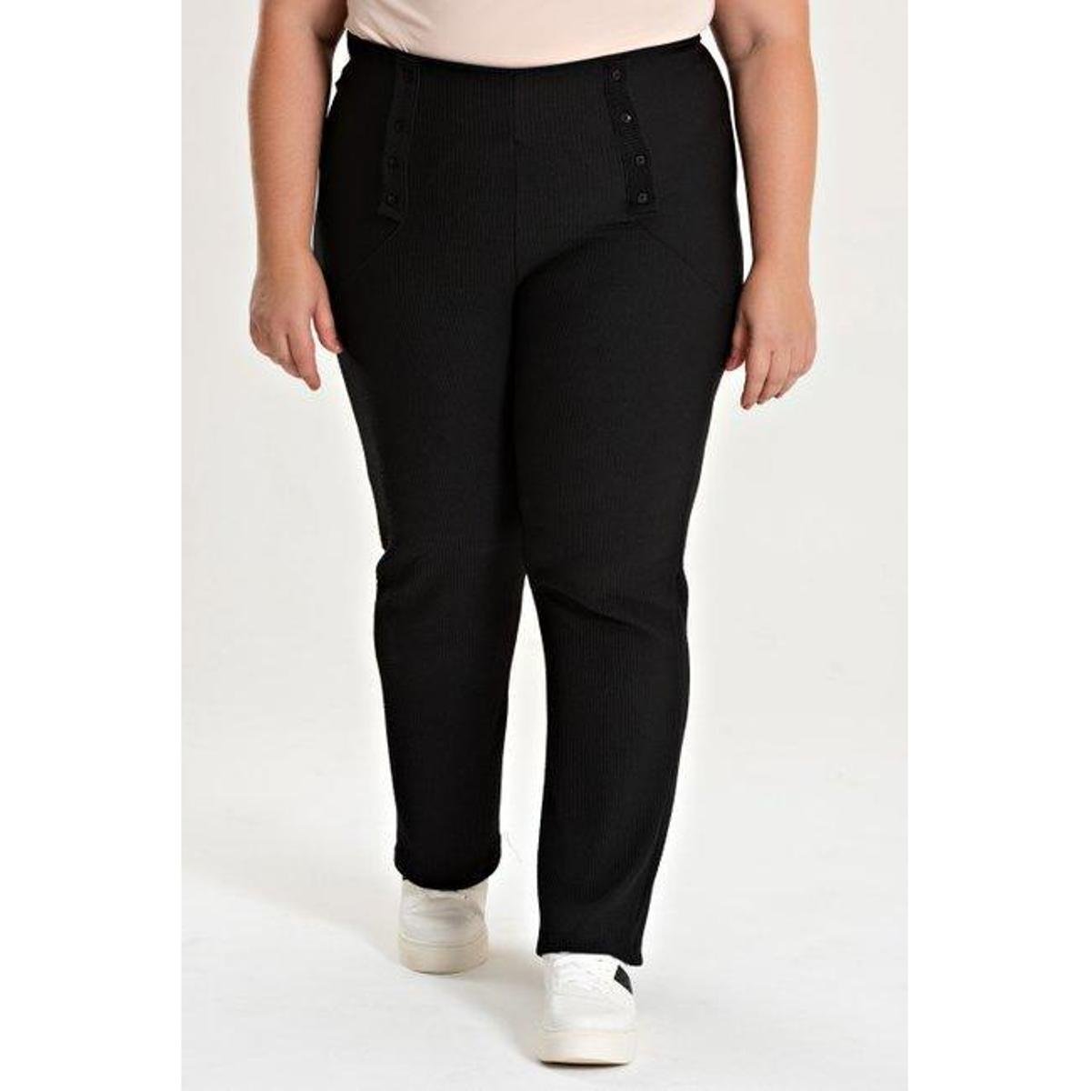 Calça Feminina Plus Size Malha Turim Cós Reto Detalhe Botão - Serena