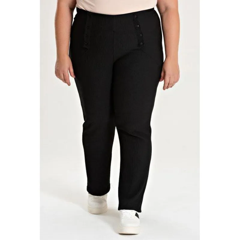 Calça Feminina Plus Size Malha Turim Cós Reto Detalhe Botão - Serena