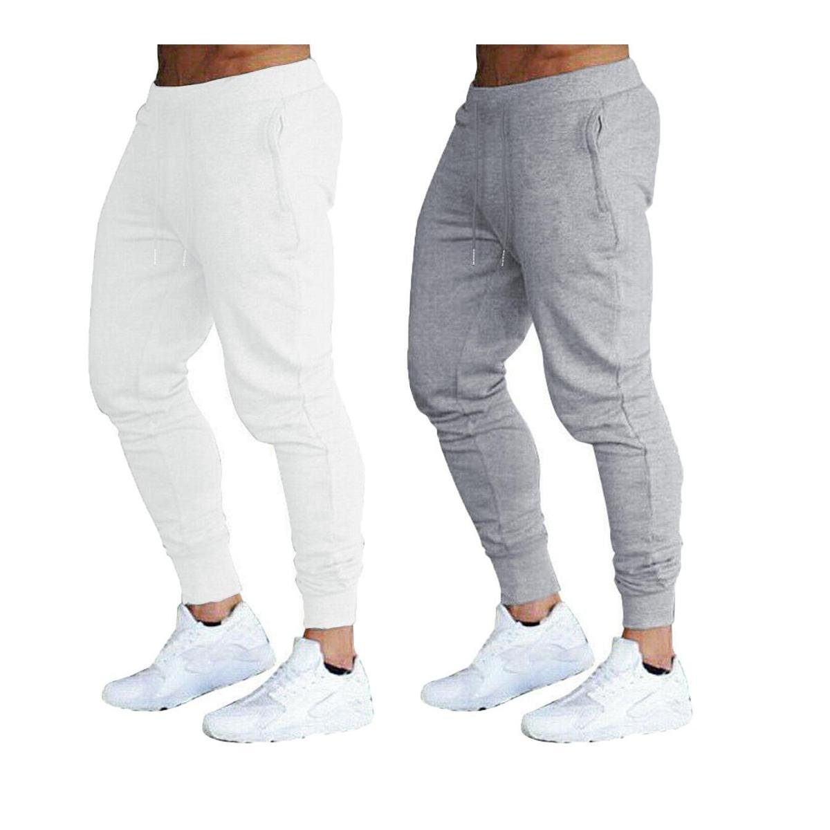 KIT COM 02 CALÇAS MOLETOM MASCULINA PLUS SIZE JOGGER SLIM FIT BÁSICA LISA-BRANCO-PRETO-G3