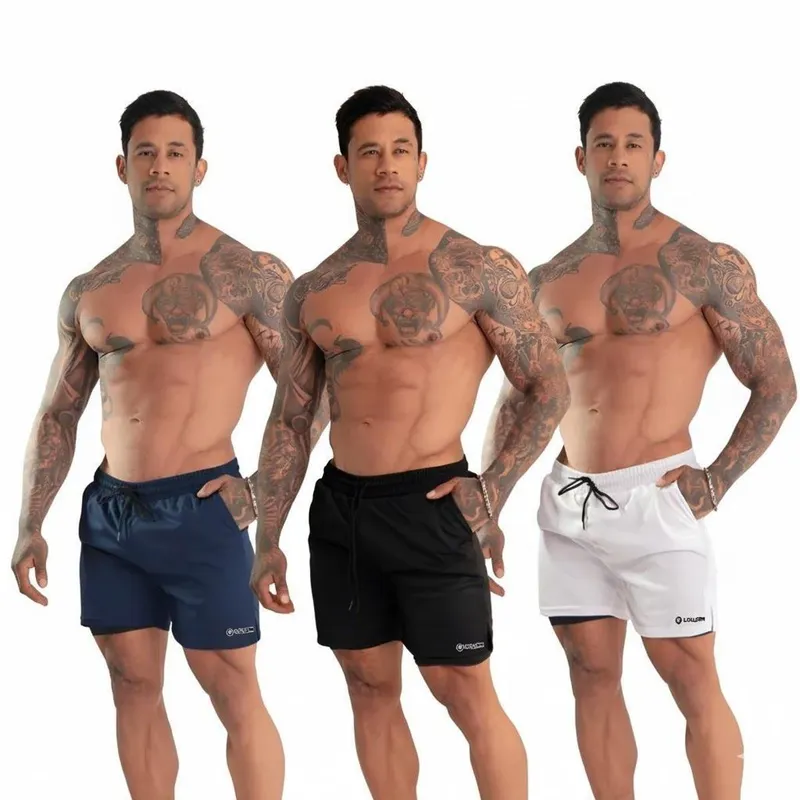 kit 3 Short Duplo 2 em 1 Com Bolso Interno Academia Treino Fitness