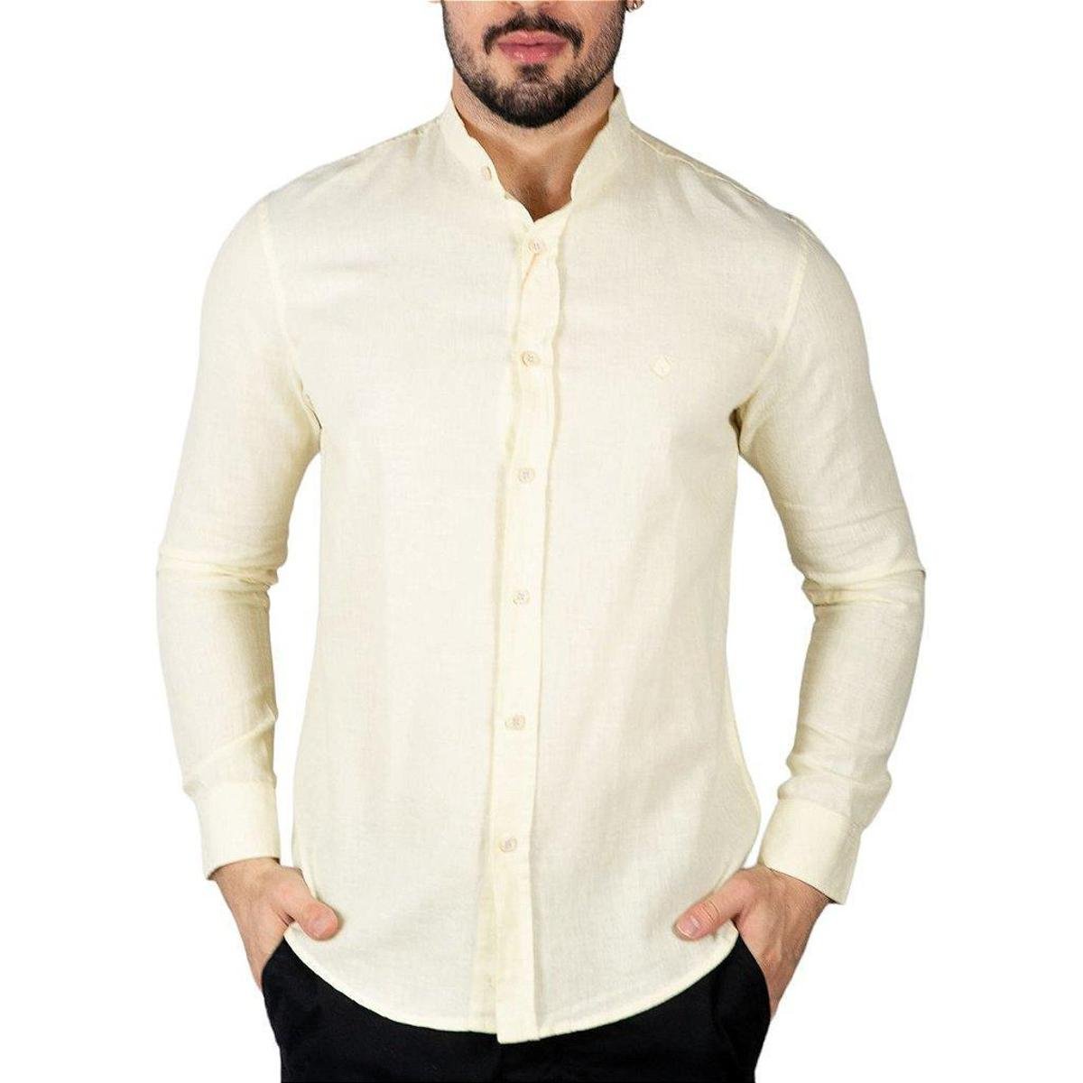 Camisa Linho Masculina Gola Padre Amarela