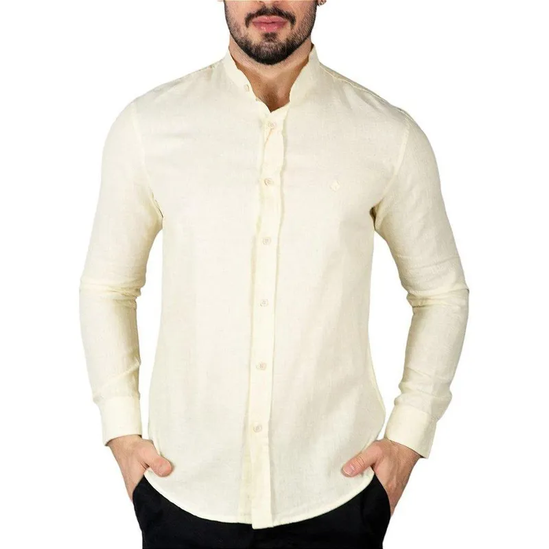 Camisa Linho Masculina Gola Padre Amarela