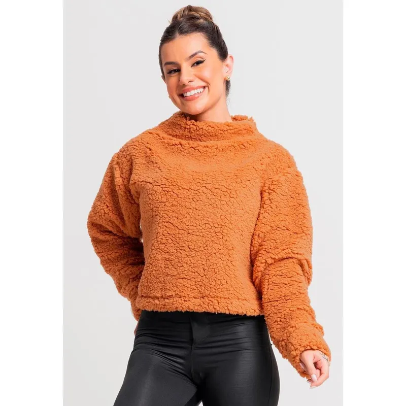 Casaco Cropped Gola Alta Feminino Flanelado Teddy Peluciado Mvb Modas