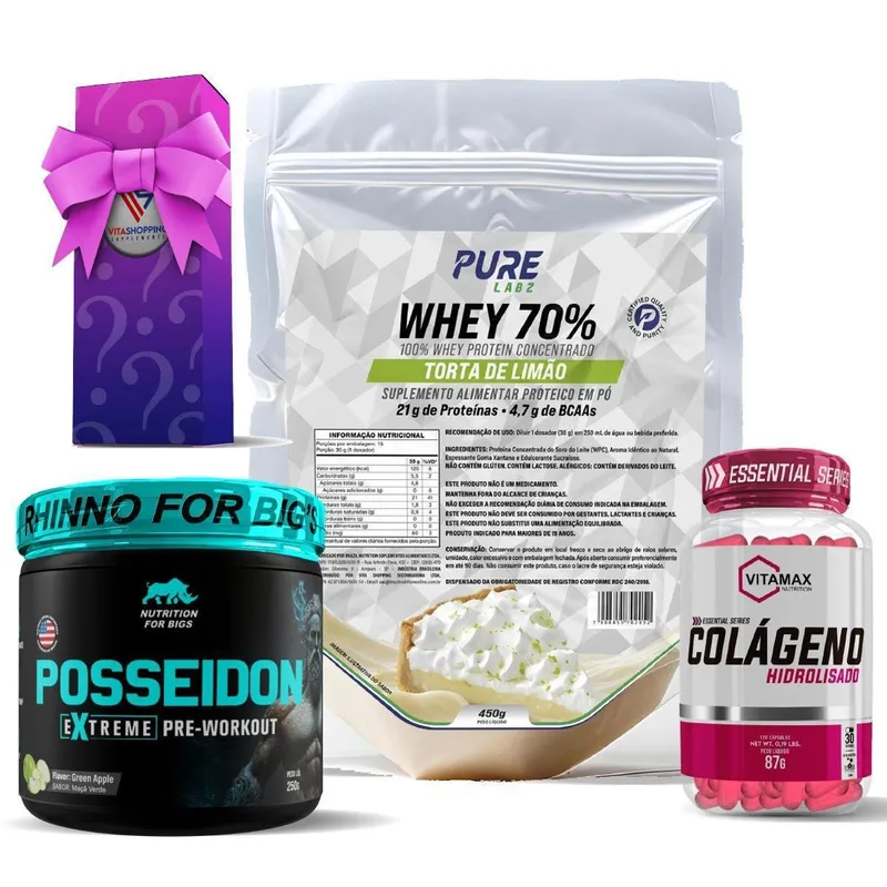 Kit Whey Protein Torta de Limão + Colágeno 120 Cápsulas Vitamax + Pré Treino Posseidon