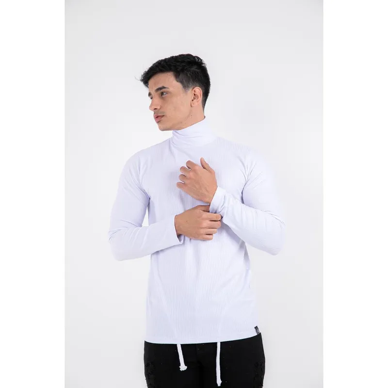 Camisa Gola Alta Masculina Cacharrel Sueter Canelada Manga Longa Rolê Slim masculino