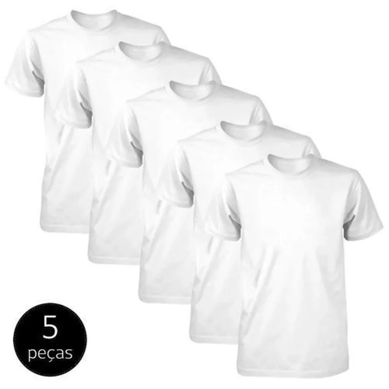 Kit Com 5 Camisetas Branca Básica Lisa Tradicional Algodão