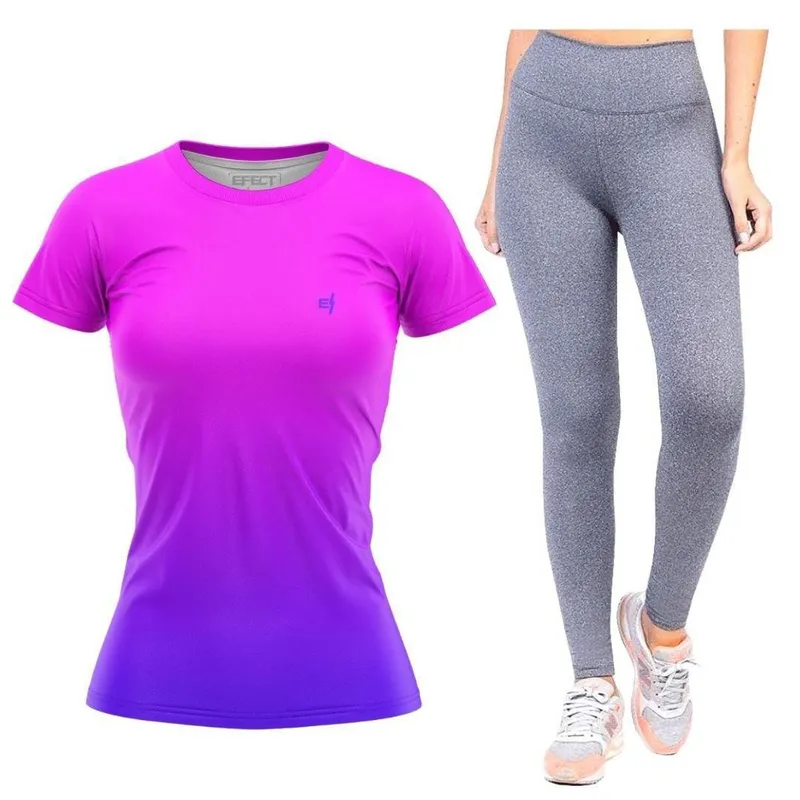 Kit Camiseta Academia Feminina Blusa Fitness Calça Legging Cós Alto Preta e Cinza Caminhada