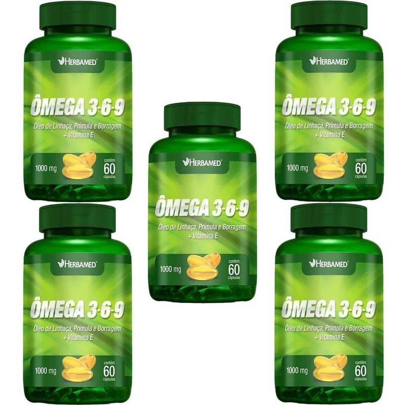 Kit 5X Ômega 3, 6 e 9 Linhaça, Prímula E Borragem + Vitamina E - 60 Cápsulas - Herbamed
