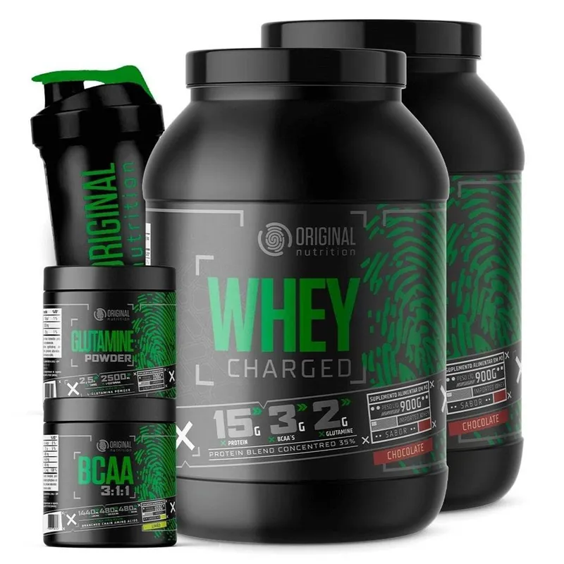 Combo 2x Whey Charged + Glutamina + Bcaa + Shaker - Original Nutrition
