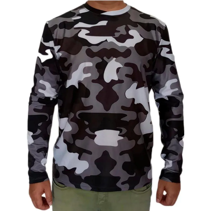 Camiseta Masculina Manga Longa Com Proteção Solar Uv50+ Camuflada Cinza Preto