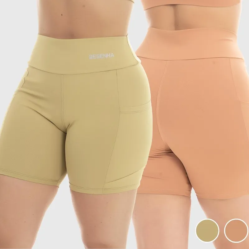 Kit 2 Shorts Fitness Poliamida com Bolso Cós Alto Resenha Sport Conforto Feminino