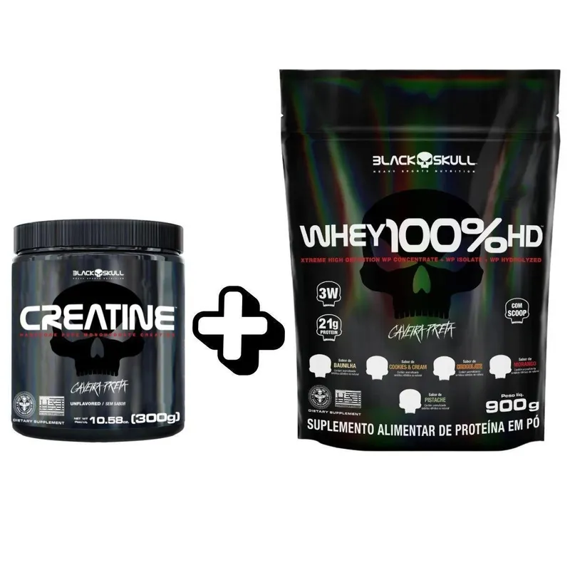 Kit Creatina e Whey 100% HD Black Skull Refil 900g