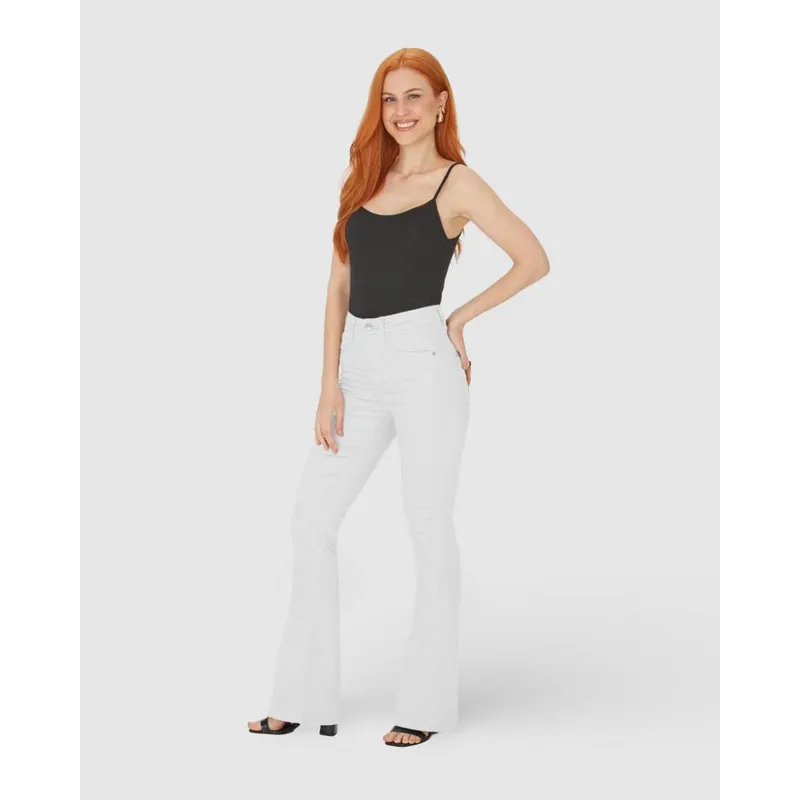 Calça Flare Feminina Cintura Alta Em Sarja Com Elastano
