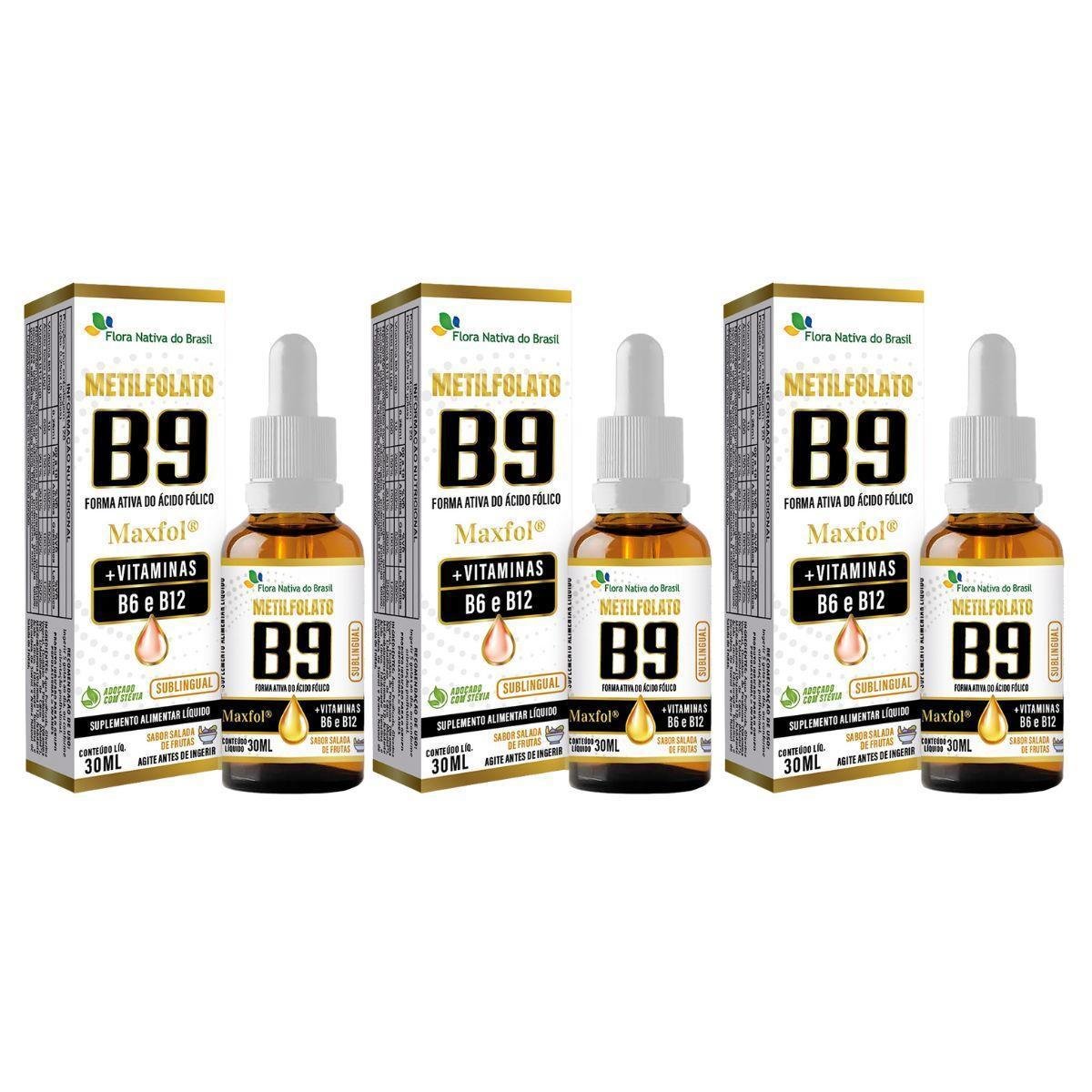 Kit 3x Metilfolato MaxFol® Vitaminas B6 B12 Sabor Salada de Frutas 30ml Flora Nativa