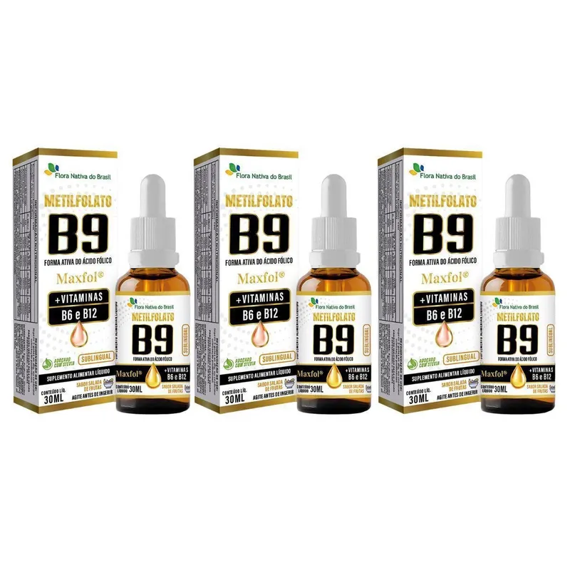 Kit 3x Metilfolato MaxFol® Vitaminas B6 B12 Sabor Salada de Frutas 30ml Flora Nativa