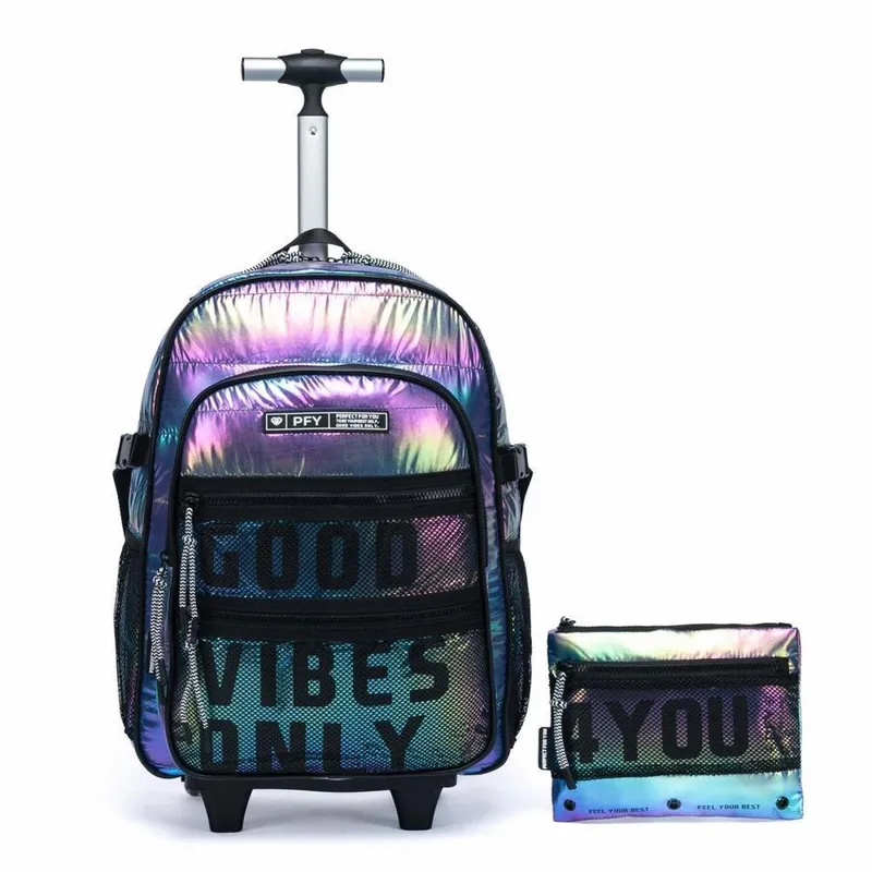 Kit Mochila de Carrinho Escolar Juvenil + Estojo Menina