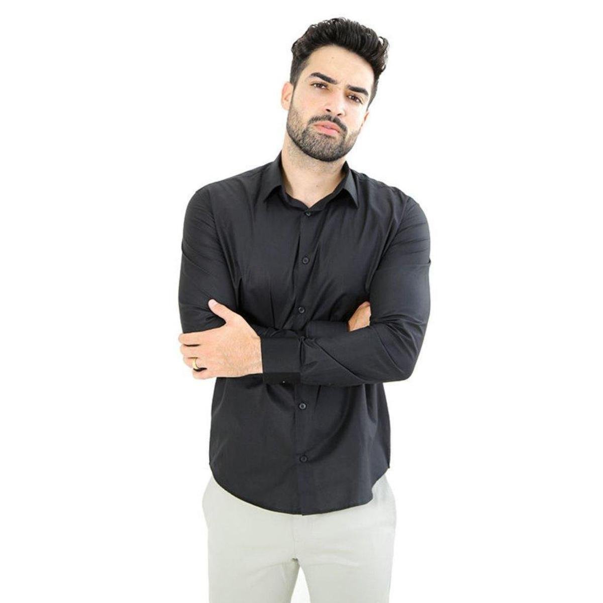 Camisa Masculina Ixória Slim Fit Básica Preta Manga Longa