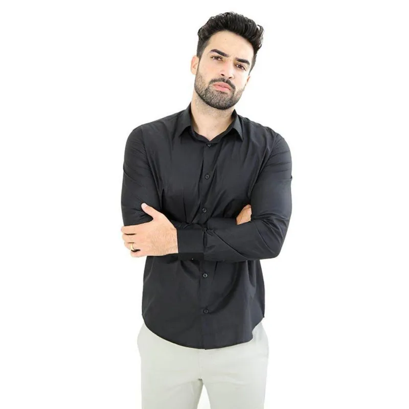 Camisa Masculina Ixória Slim Fit Básica Preta Manga Longa