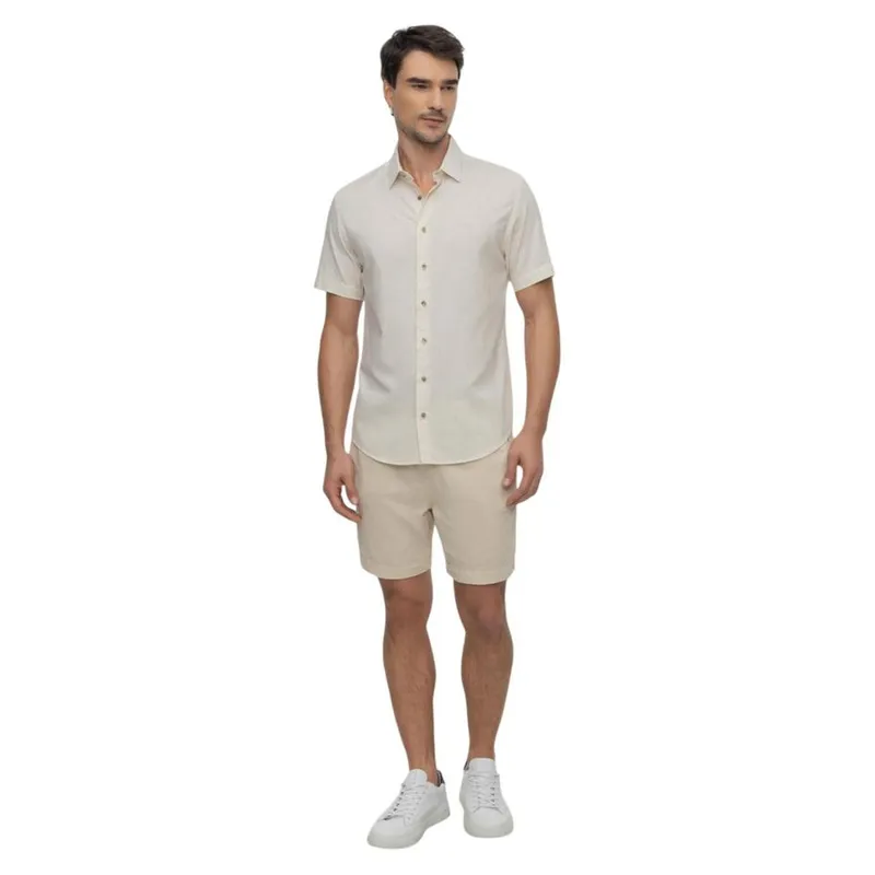 Camisa Manga Curta Hangar 33 Slim Em Linho Bege Tam. M
