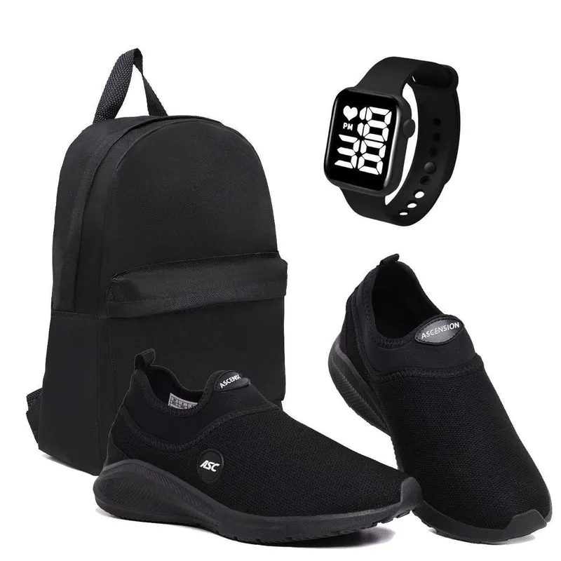 Tenis Calce Facil All Black + Mochila + Relogio Fino